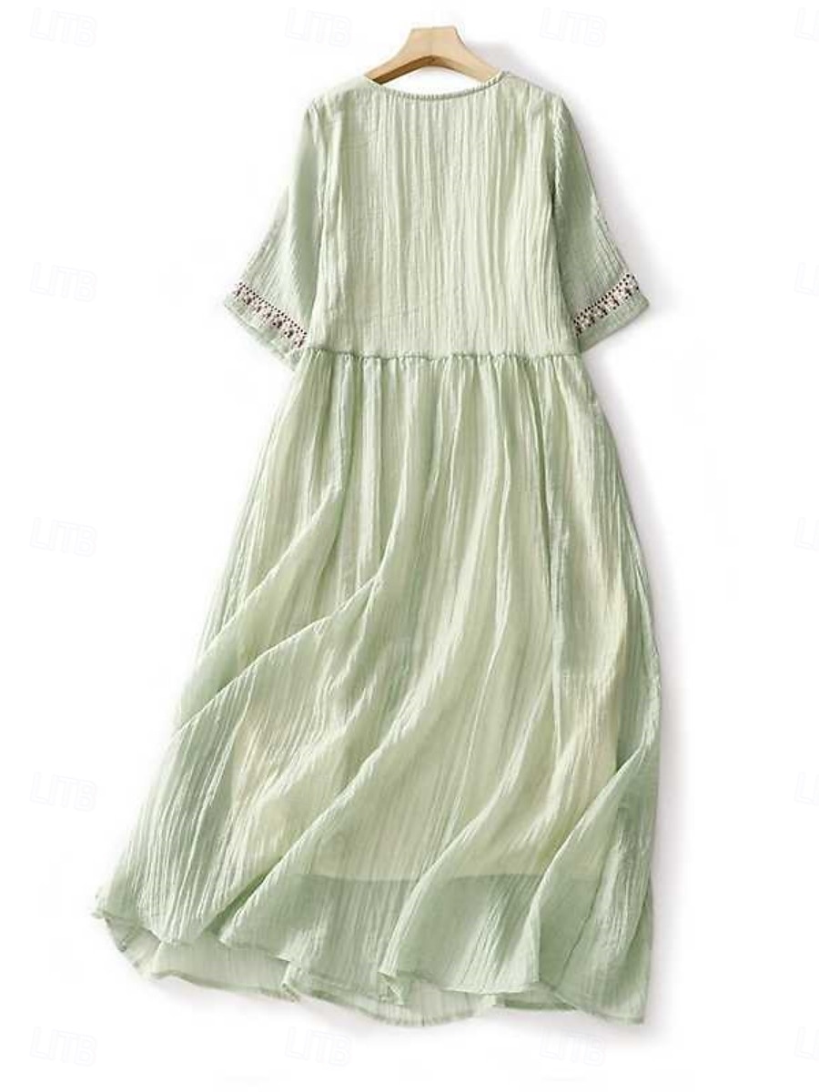 Per donna Abito maxi Abiti in cotone e lino Vestito Casual Vestito a ruota Abito lungo in cotone Essenziale Casual Vacanza Quotidiano Vestibilità regolare Floreale Mezza Manica Girocollo Bianco Verde del 2025 a $36.99 –P2