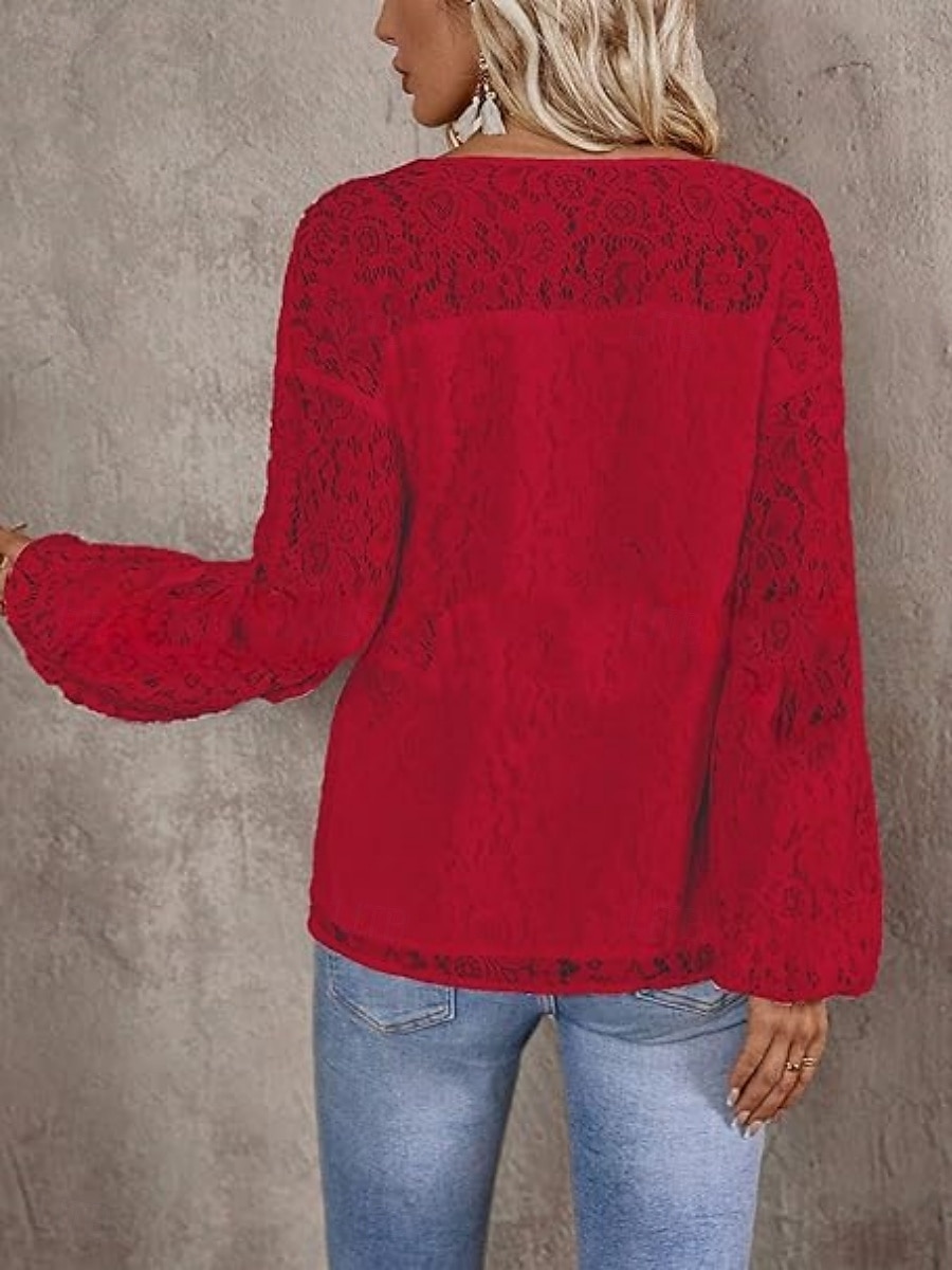Top in pizzo bianco elegante da donna con occhiello blusa casual colore solido regolare maniche lunghe scollatura a V patchwork in pizzo regolare quotidiano romantico top petite estivi per le vacanze del 2025 a $34.99 –P4
