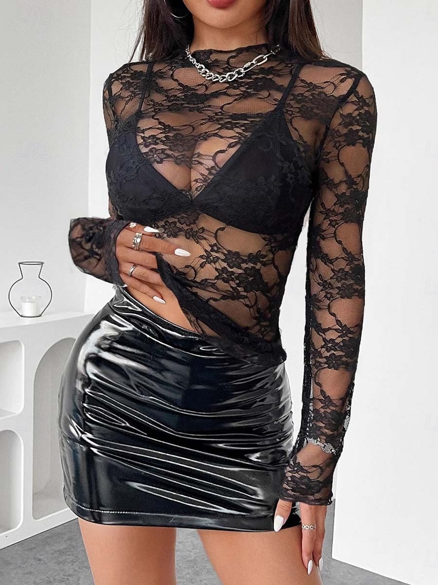 Damen Oberteil mit Spitzenspleiß Sexy Langarm Rundhalsausschnitt Normale Oberteile Spitze Schwarz Weiß Sommer Frühling 2025 - $21.99 –P5
