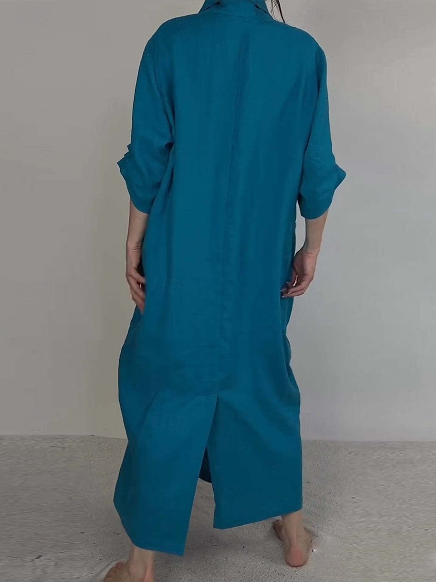 Damen Maxikleid Baumwoll-Leinen-Kleider Baumwoll-Leinenkleid Stilvoll Basic Lässig Urlaub Täglich Normale Passform Einfach Langarm V Ausschnitt Weiß Blau Frühling Herbst 2025 - $36.99 –P3