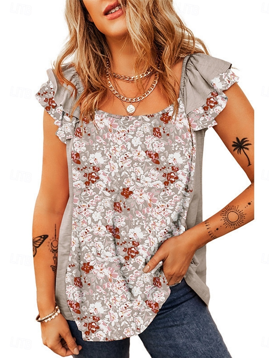 Dame Camisole Tank Top Blomstrete Stilfull Uformell Kort Erme Fyrkantet Hals Regulære Topper Daglig Rynkete Trykk Rosa Lilla Lys Grå Sommer 2025 - $16.99 –P4
