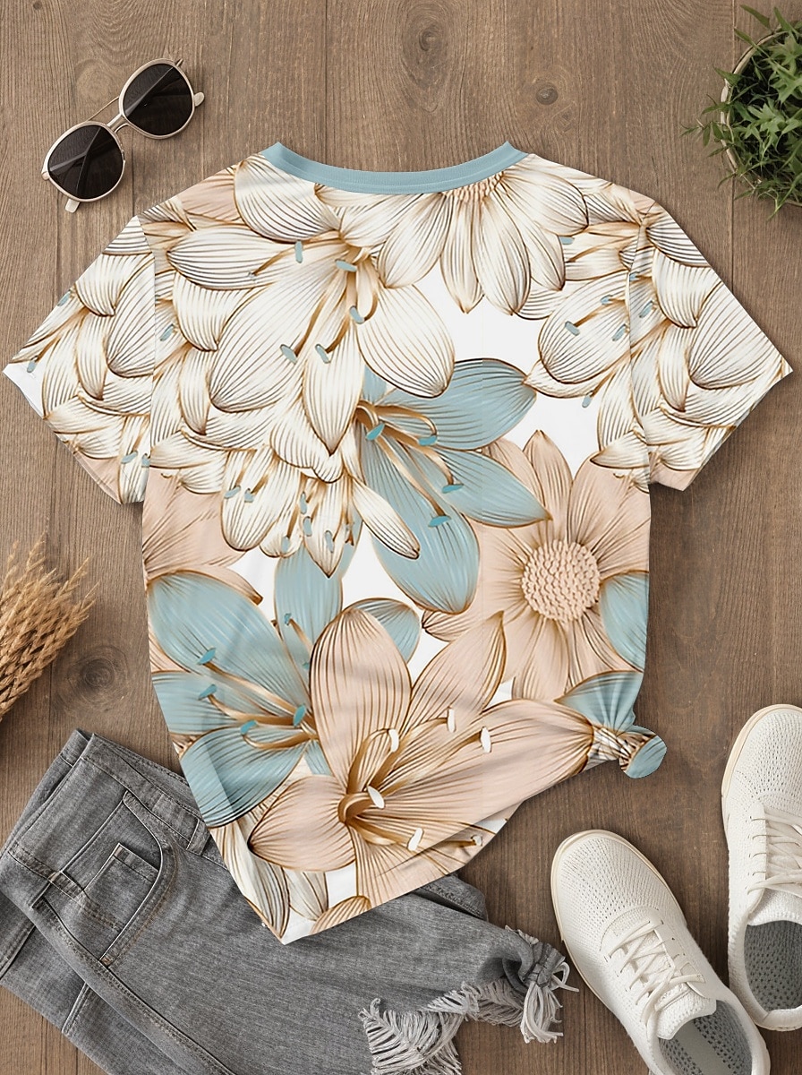 Damen T Shirt Blumen Brautkleider schlicht Kurzarm Rundhalsausschnitt Normale Oberteile Täglich Bedruckt Leicht Blau Sommer 2025 - $19.99 –P2