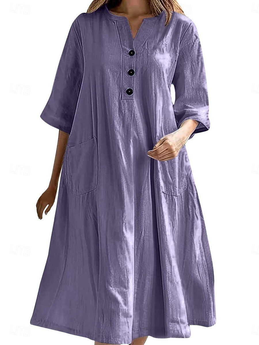Women's Midi Dress Cotton Linen Dresses Basic Casual Vacation Daily Regular Fit Plain 3/4 Length Sleeve Notched Neck Black Red Purple Light Blue Summer 2025 - $22.99 –P9