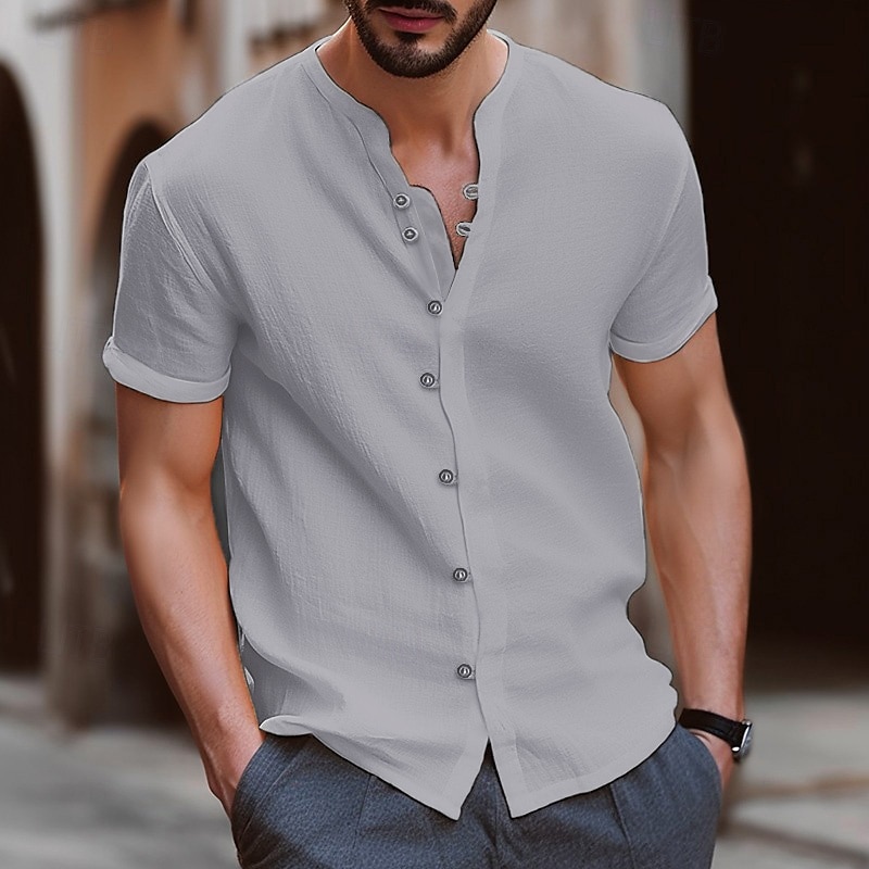 Men's Shirt Linen Shirt Band Collar Shirt Summer Shirt Beach Wear Button Up Shirt Plain Vacation Casual Black White Blue Khaki Short Sleeve Band Collar Summer Clothing Apparel 2025 - $21.99 –P5