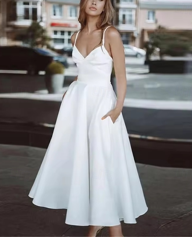 Abiti bianchi per fidanzamento o laurea abiti da matrimonio A-Line spalline sottili senza maniche lunghezza alla caviglia abiti da sposa in raso con arricciature del 2025 a $155.99 –P4