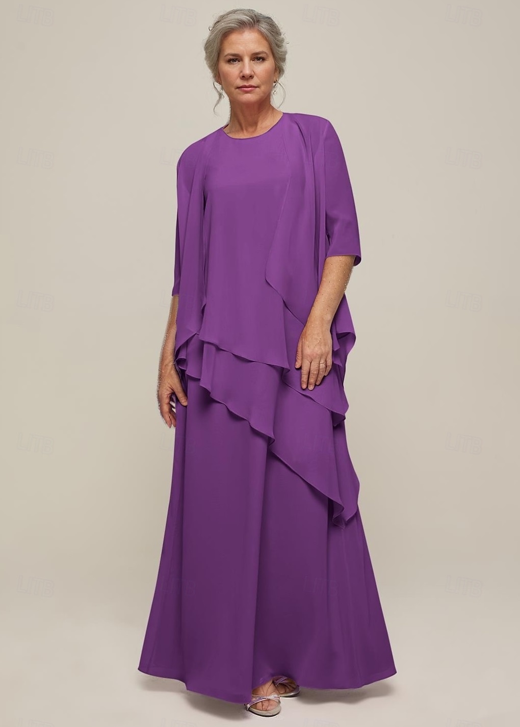 Abito Set Abiti Madre della Sposa Abito Elegante Vintage Collo Girocollo Lunghezza Pavimento Chiffon Maniche Lunghe Giacca Abiti con Volant Cascading in Pizzo 2025 del 2025 a $174.99 –P1