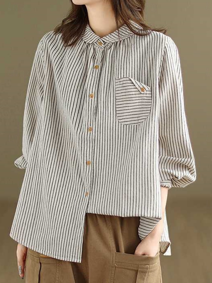 Dames Overhemd Katoenen linnen overhemden Knoop omhoog Blouse Gestreept Stijlvol Casual Lange mouw Overhemdkraag Normale tops Dagelijks Knop Afdrukken Zwart Wit Zomer Lente Herfst 2025 - $25.99 –P3