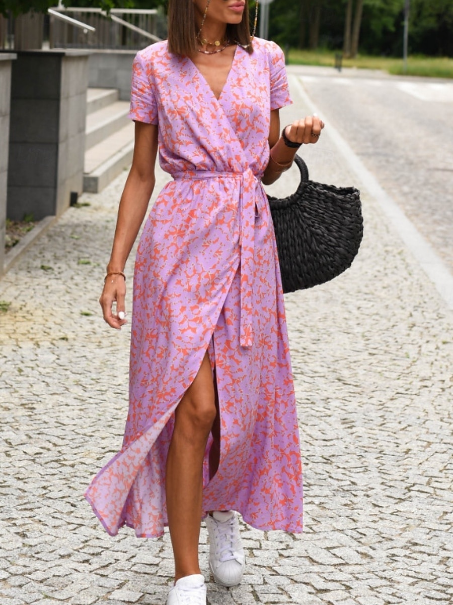Femme Robe Maxi Robe casual Robe Portefeuille Robe Trapèze mode Décontractées Vacances du quotidien Standard Floral Manche Courte Col V Rose Claire Rouge Eté de 2025 ? $27.99 –P7