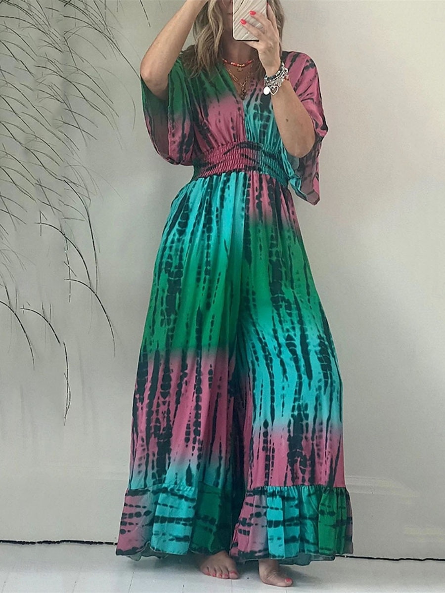 Mulheres Normal Macacão Ativo Tintura Tie Dye Meia Manga Decote V Cintura Alta Férias Diário Normal Verde Verão de 2026 por $46.99 –P1