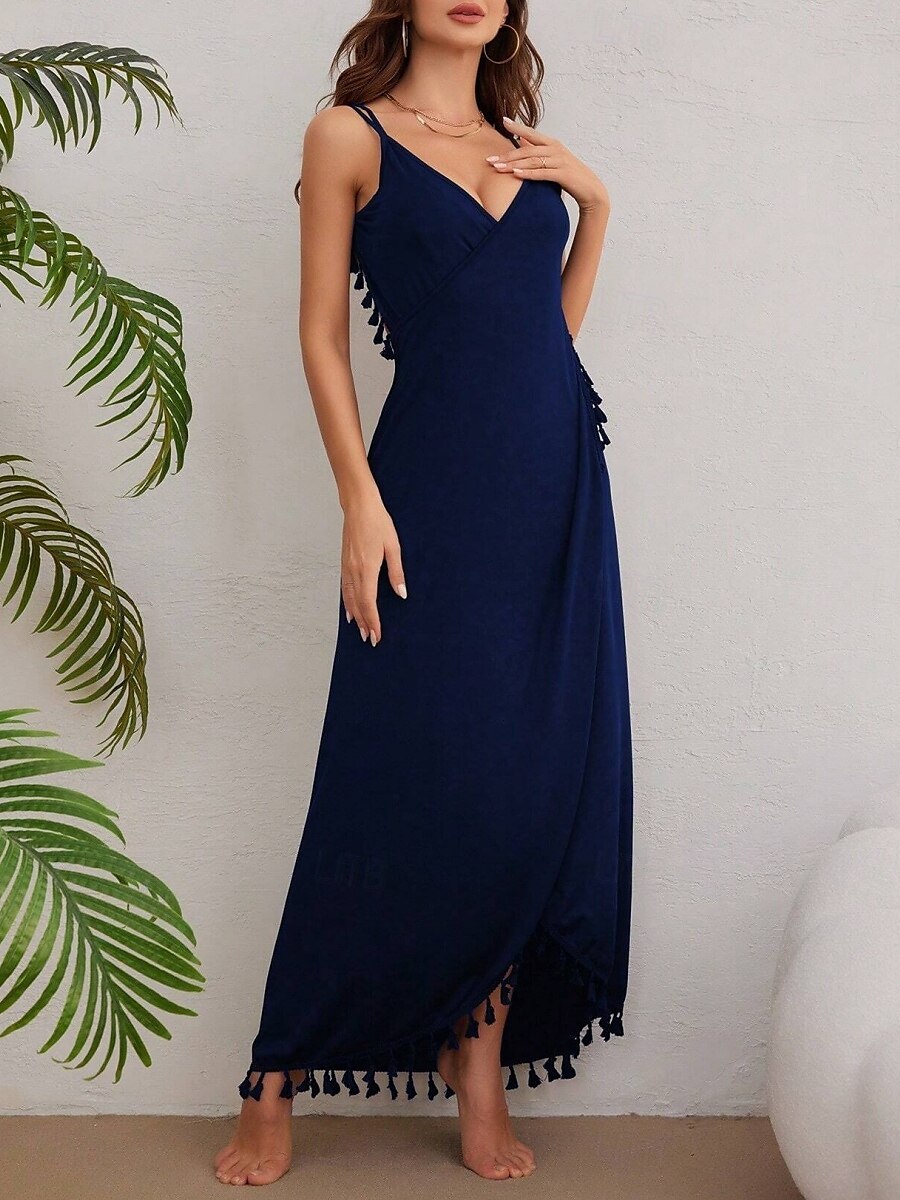 Damen Maxidress Weißes Kleid Casual kleid Wickelkleid Basic Brautkleider schlicht Urlaub Täglich Strand Regular Fit Glatt Ärmellos Gurt Schwarz Weiß Sommer 2025 - $29.99 –P9