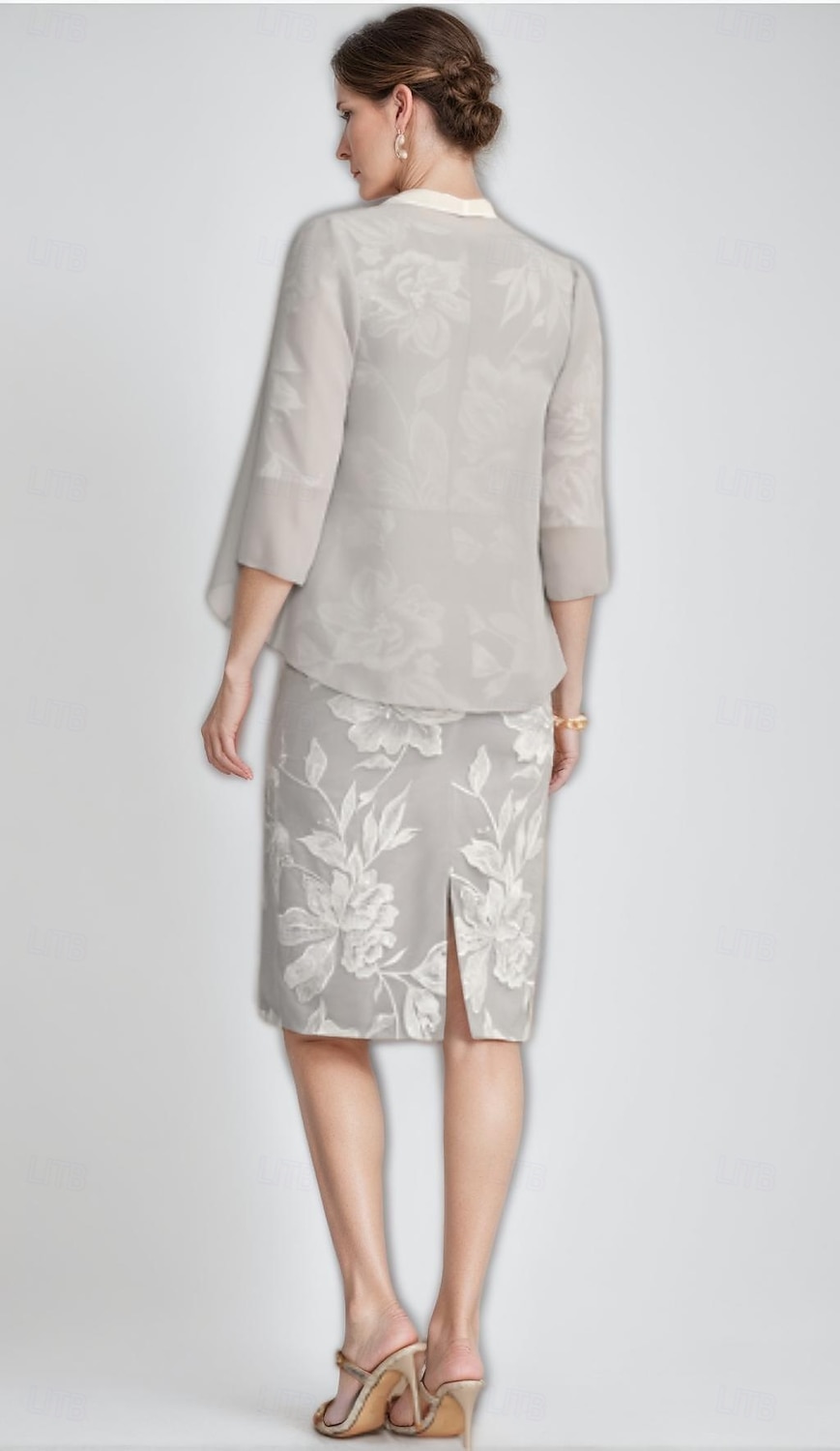 Robe mère de la mariée deux pièces robe fourreau  colonne élégante vintage col en V longueur thé chiffon dentelle florale appliquée à manches 3/4 avec veste ruchée robe de jour de course de 2025 ? $135.99 –P5