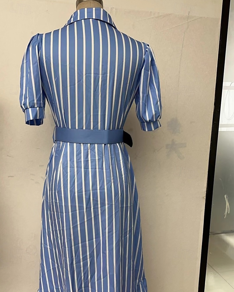 Dam Långklänning Maxiklänning Skjortklänning Vardagsklänning Sommarklänning Stylish Ledigt Semester Dagligen Datum Normal Rand Kortärmad Kavajslag Vit Blå Sommar Vår 2025 - $29.99 –P5