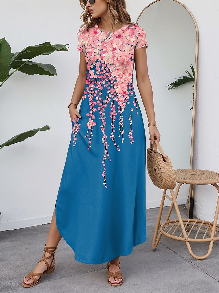 Women's Maxi Dress Casual Dress Vintage Vacation Regular Fit Floral Short Sleeve Crew Neck Blue Summer 2025 - $28.99 –P2