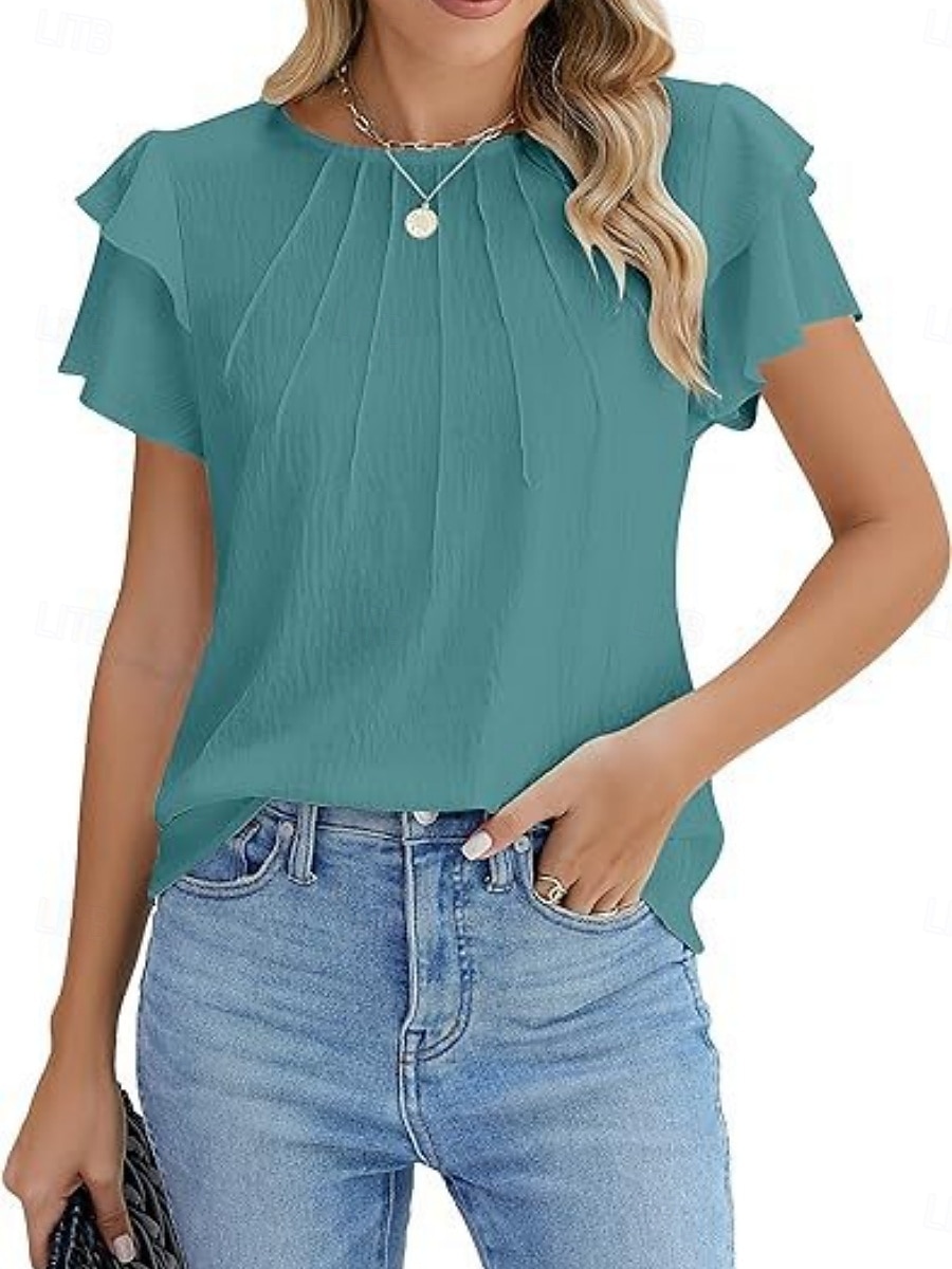 Dames T-shirt Met ruches Effen Elegant Modieus Stijlvol Korte mouw Strakke ronde hals Normale tops Dagelijks Uitgaan Weekend Zwart Wit Marineblauw Groen Abrikoos Zomer Lente 2026 - $21.99 –P2