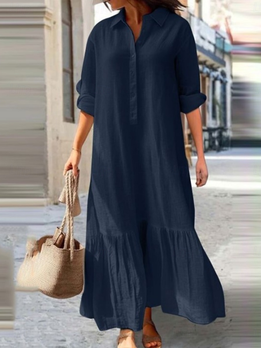 Women's Maxi Dress Cotton Linen Dresses Shirt Dress Casual Dress Basic Casual Vacation Daily Regular Fit Plain Long Sleeve V Neck Pink Green Khaki Dark Blue Summer Spring 2025 - $32.99 –P3