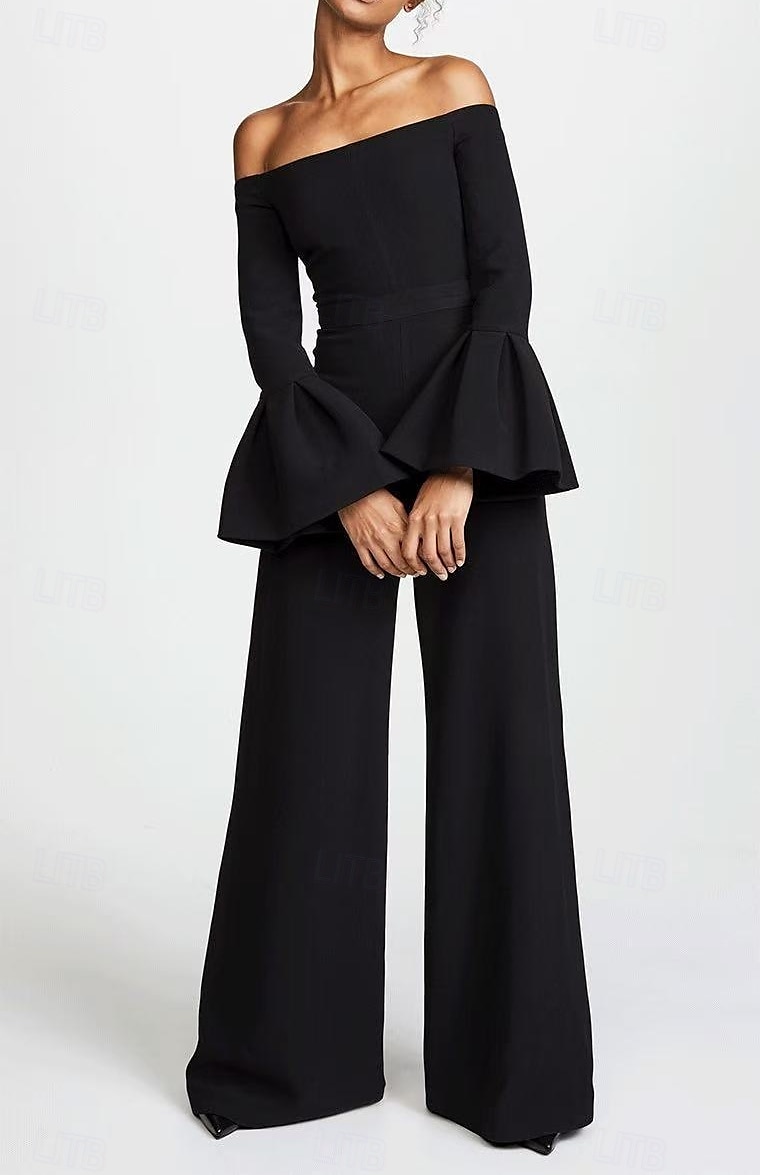 Jumpsuits Abendkleid Elegantes Kleid Abendparty Party Wear Bodenlang Lange Ärmel Off-Schulter Gürtel  Sash Baumwollmischung Rückenauschnitt mit Rüschen 2025 - $151.99 –P5