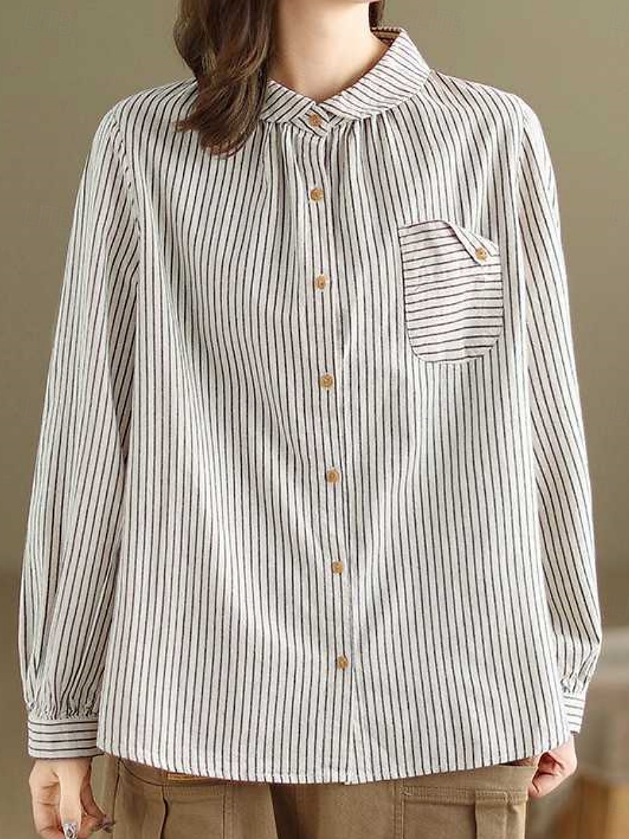 Dames Overhemd Katoenen linnen overhemden Knoop omhoog Blouse Gestreept Stijlvol Casual Lange mouw Overhemdkraag Normale tops Dagelijks Knop Afdrukken Zwart Wit Zomer Lente Herfst 2025 - $25.99 –P4