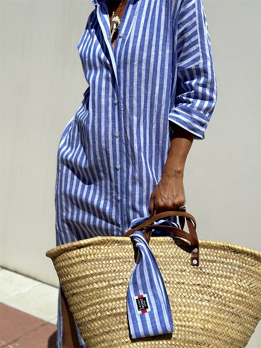 2026年 女性用 ミディドレス カジュアルドレス A ラインドレス ヴィンテージ かわいいスタイル スタイリッシュ バケーション 日常 ルーズフィット 縞 ハーフスリーブ シャツカラー ピンク ブルー 夏 春 秋  コレクション – $34.99 –P9