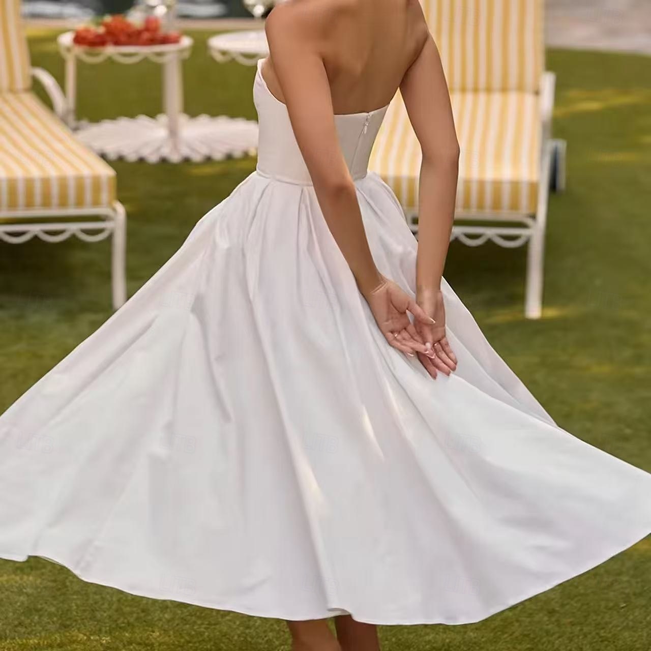Little White Dresses Boho Wedding Dresses A-Line Sweetheart Sleeveless Tea Length Jersey Bridal Suits Bridal Gowns With Pleats Solid Color 2025 - $190.99 –P3