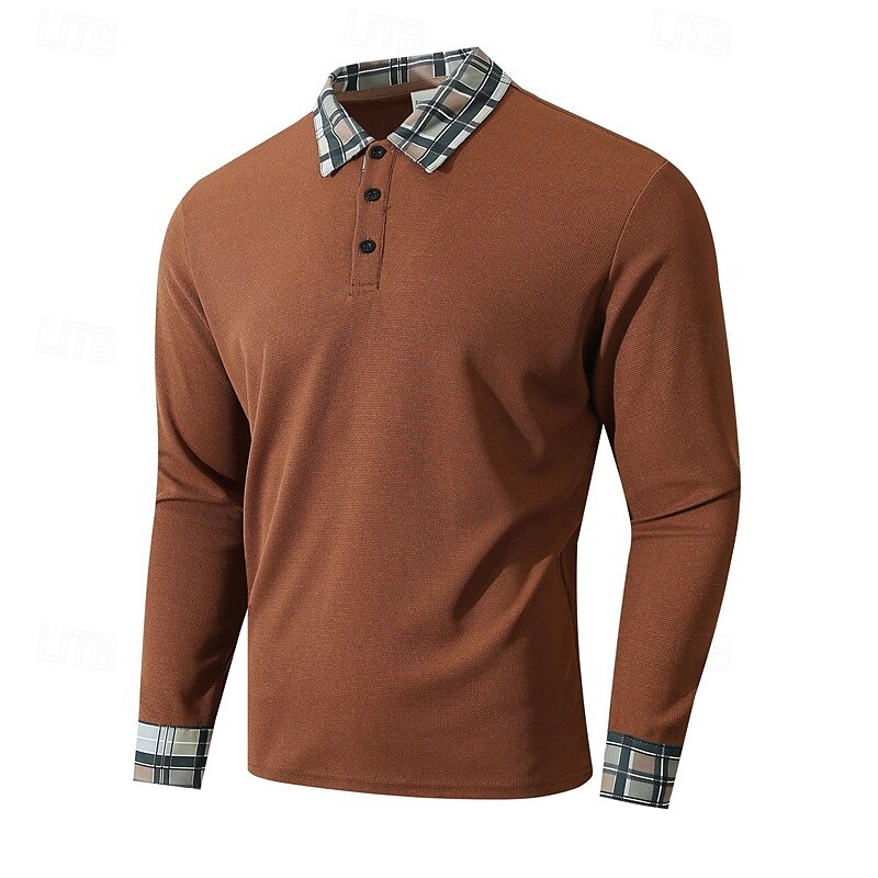 Men's Golf Shirt Golf Polos Shirts Work Casual Lapel Long Sleeve Basic Modern Plaid Color Block Patchwork Buttons Spring & Fall Regular Fit Black Red Navy Blue Khaki Golf Shirt 2025 - $17.99 –P17