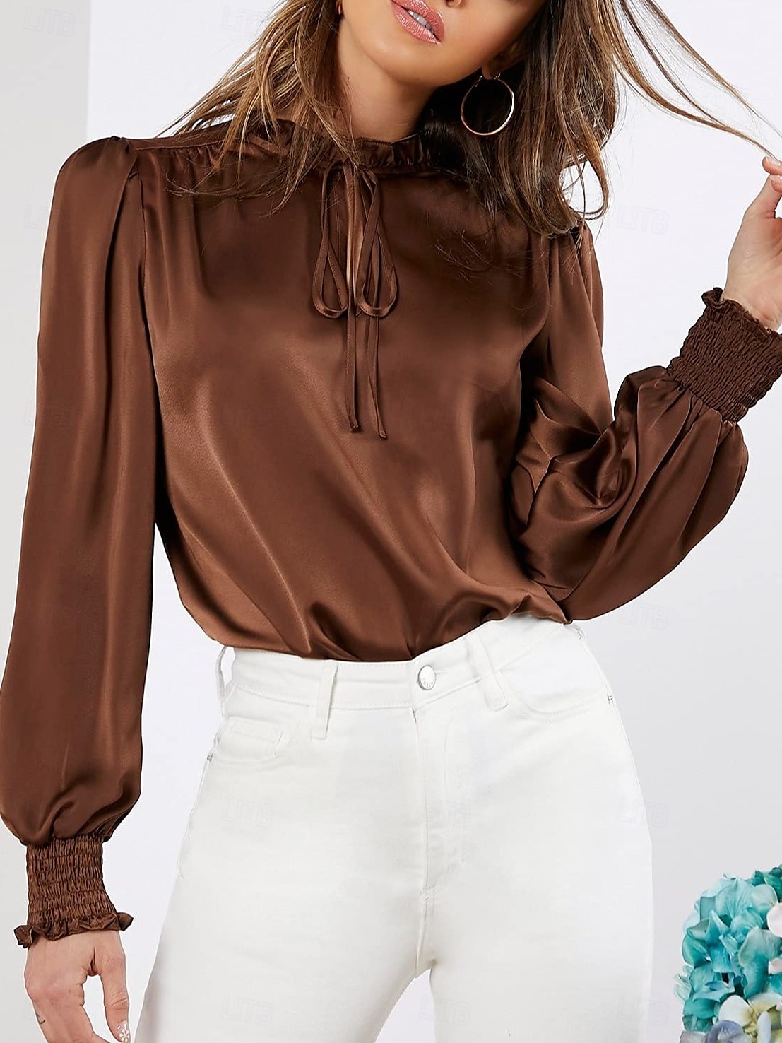 Women's Shirt Blouse Solid Color Business Modern Casual Long Sleeve Turtleneck Regular Tops Work Formal Wear Lace up Ruffle Brown Rose Pink Summer Spring 2025 - $34.99 –P3