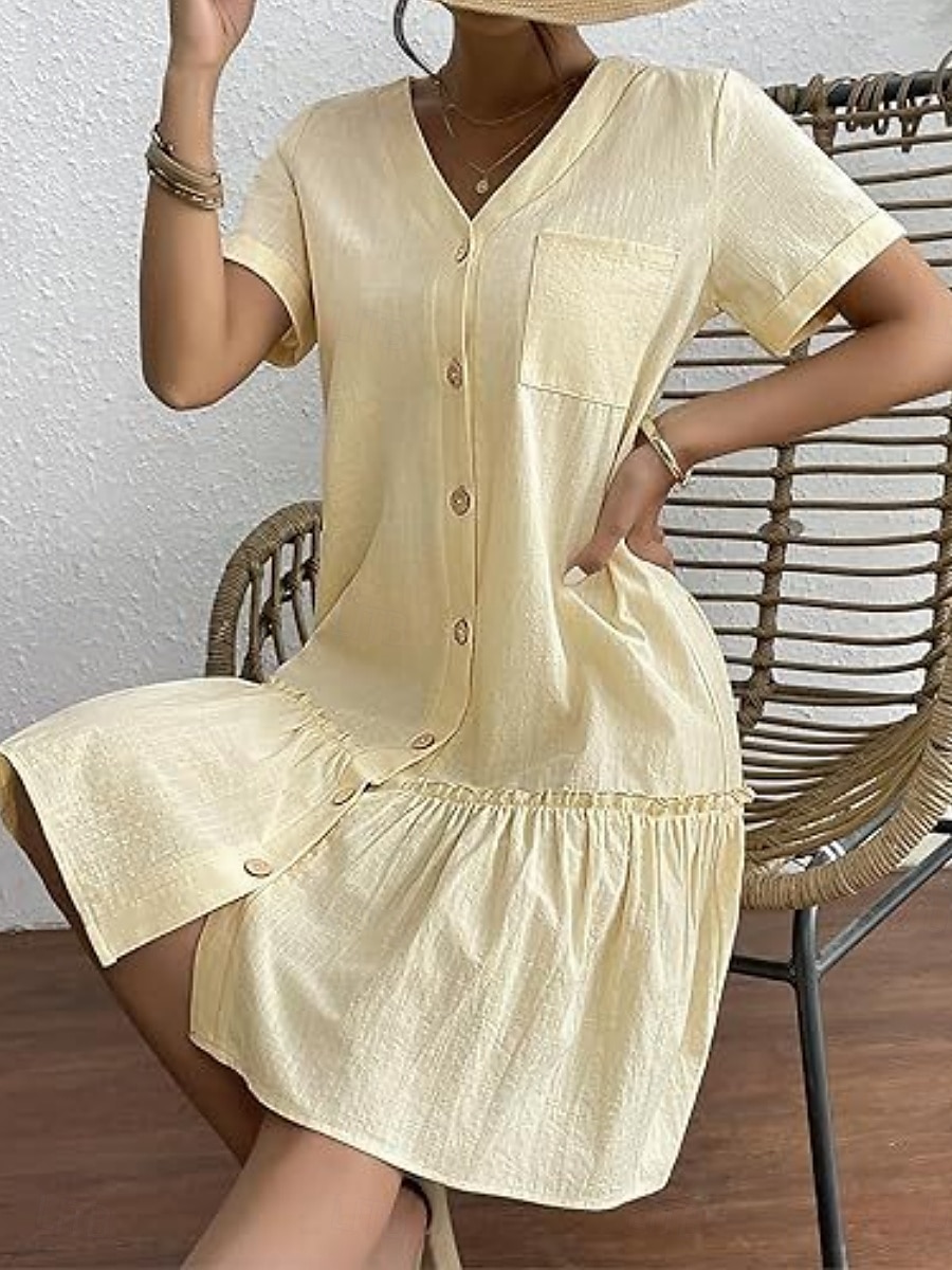 Femmes Mini Robe Robes en coton et lin Élégant Basique Occasionnel Quotidien Coupe régulière Uni Manche Courte Col en V Blanche Jaune Été de 2025 ? $22.99 –P6