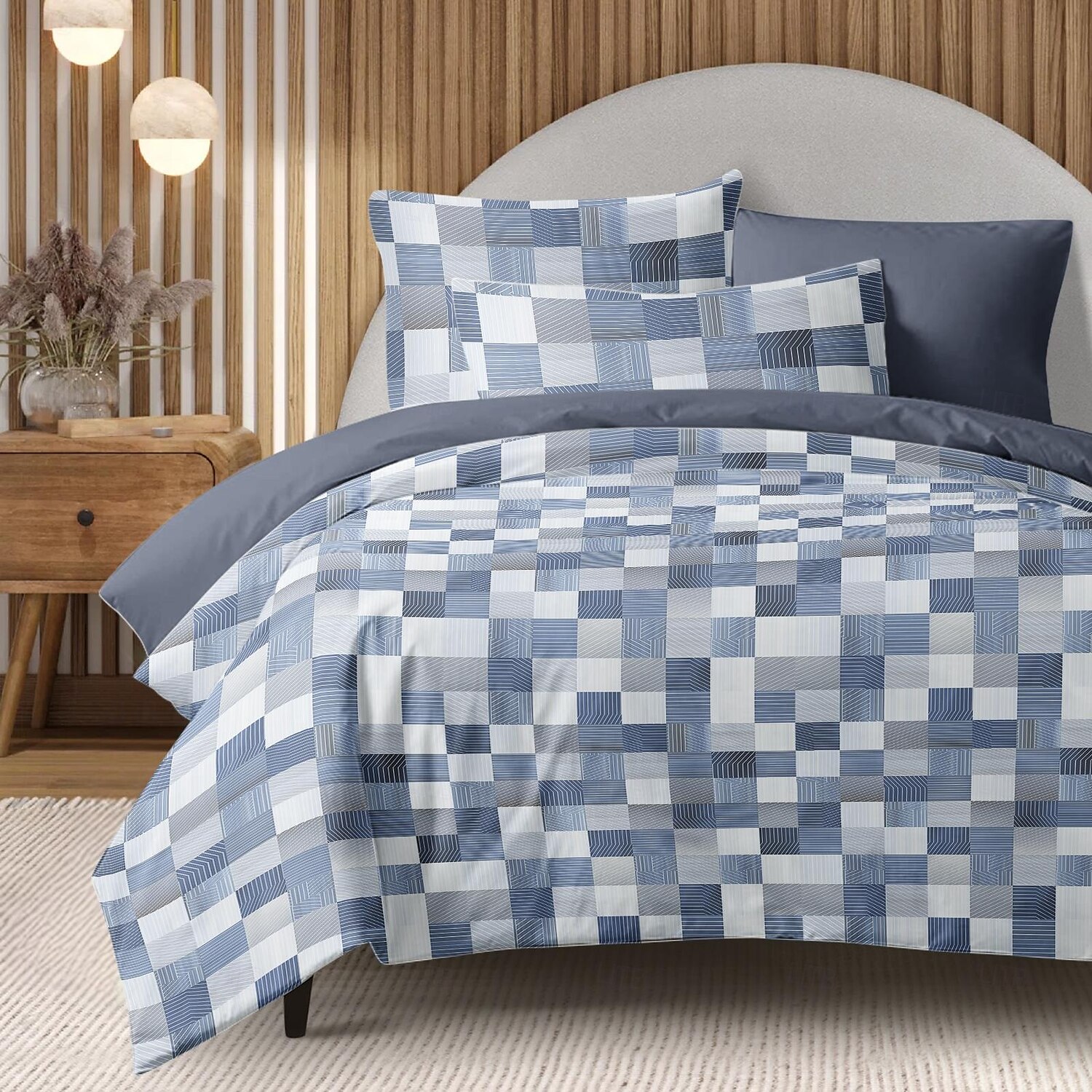 Funda nórdica 100 % algodón con empalmes de cuadrícula geométrica azul: confeccionada con algodón de primera calidad, presenta elegantes patrones de cuadrícula para una apariencia moderna. Transpirable, suave y duradera. 2025 - $60.99 –P3