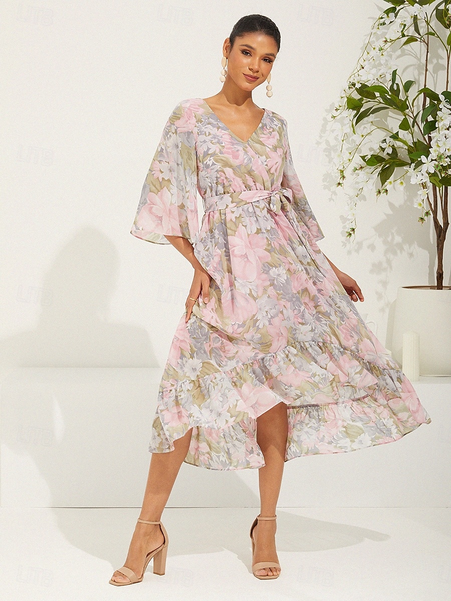 Damen kleid lang Chiffon-Kleid Elegant Stilvoll Flattrige Ärmel Hochzeit Urlaub Täglich Lockere Passform Blumen 3/4 Ärmel V Ausschnitt Rosa Sommer Frühling Herbst 2025 - $61.99 –P1