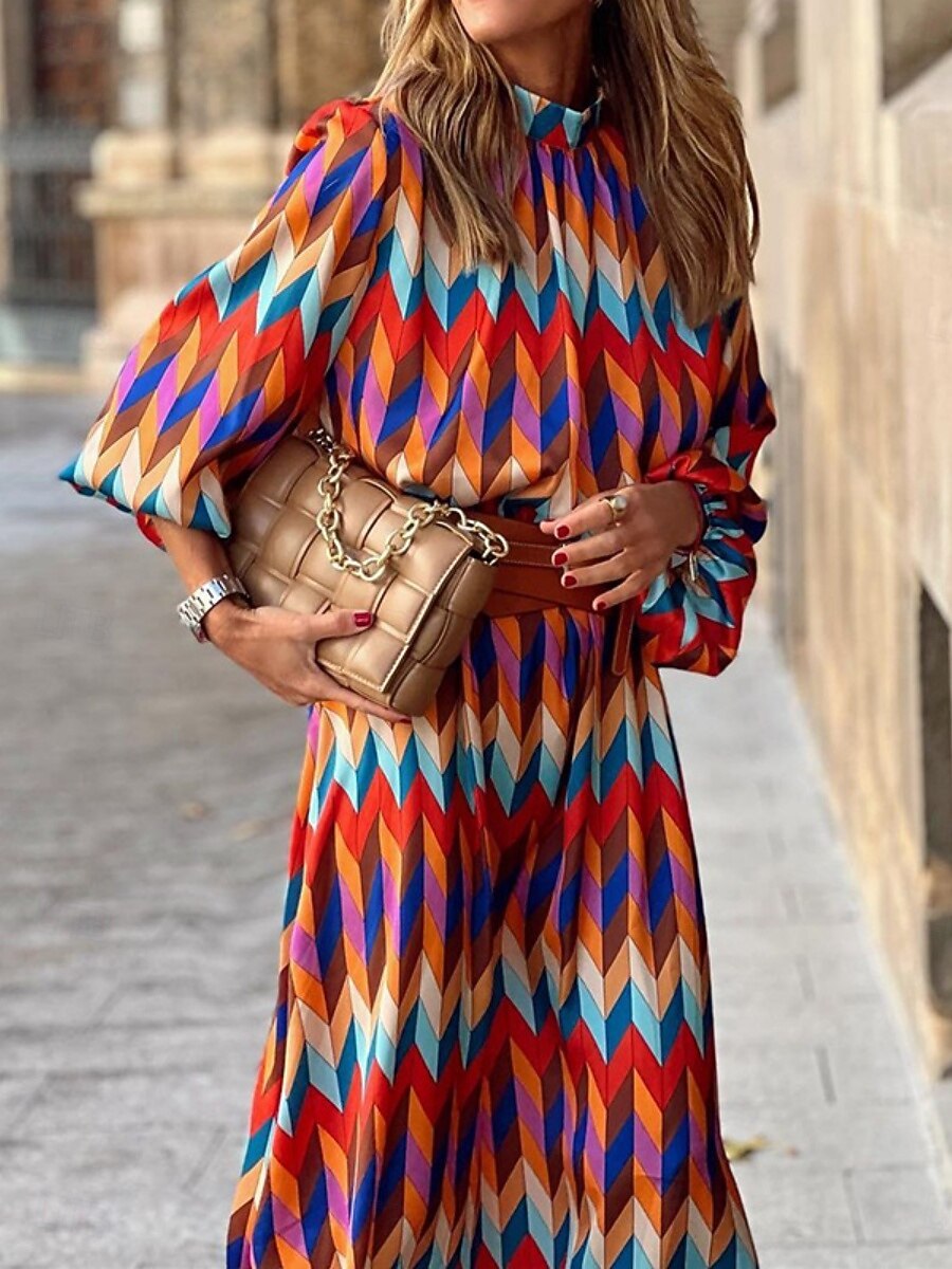 Pentru femei Rochii Midi Rochie casual Rochie A line Stilat Casual Vacanță Zilnic Fit regulat Geometric Manșon Lung Guler de stand Curcubeu Vară 2026 - $32.99 –P1