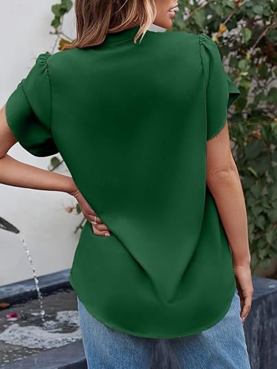 Dames Overhemd Blouse Effen Kleur Basic Casual Korte mouw Gekerfde nek Normale tops Dagelijks Blozend Roze Groen Zomer 2025 - $26.99 –P8