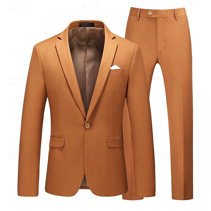 Men's Set Blazer Business Cocktail Party Wedding Party 2 Piece Fashion Casual Spring &  Fall Polyester Solid Color Buttons Pocket Comfortable Single Breasted Blazer Dark Yellow Black White Yellow 2025 - $113.99 –P2