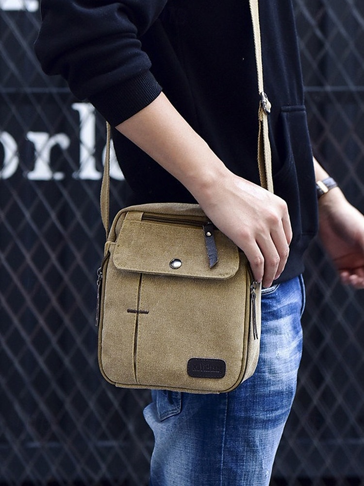 męska płócienna torba typu crossbody – wielokieszeniowa, vintage'owa, z regulowanym paskiem, idealna do podróży, pracy lub codziennego użytku, kolor czarny khaki, kawa 2025 - $19.99 –P1