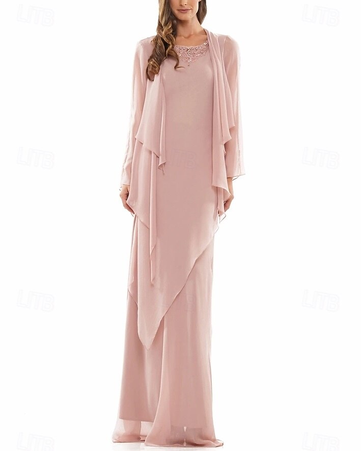 A-Linie Kleid Kleid Sets Brautmutter Kleid Elegant Einfach Rundhalsausschnitt Bodenlang Chiffon Langärmel mit Perlen tierende Rüschen 2025 2025 - $155.99 –P2