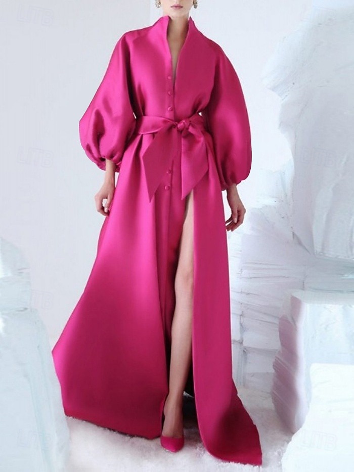 Rosa Siden A-Line Kvällen Klänning Elegant Klänning Formell Asymmetrisk Lång Ärm Ståkrage Ficka med Båge(r) Fickor Klänningar 2025 - $189.99 –P1