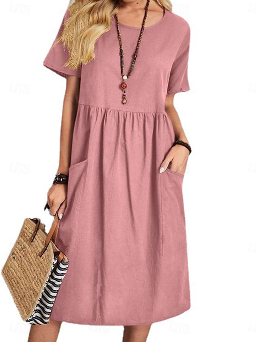 Per donna Abito Midi Abito Lungo Maxi Abito Abiti in cotone e lino Elegante Essenziale Casual Vacanza Feste Lavoro Vestibilità regolare Semplice Manica Corta Girocollo Rosa Marrone chiaro Cachi Blu del 2025 a $6.99 –P2