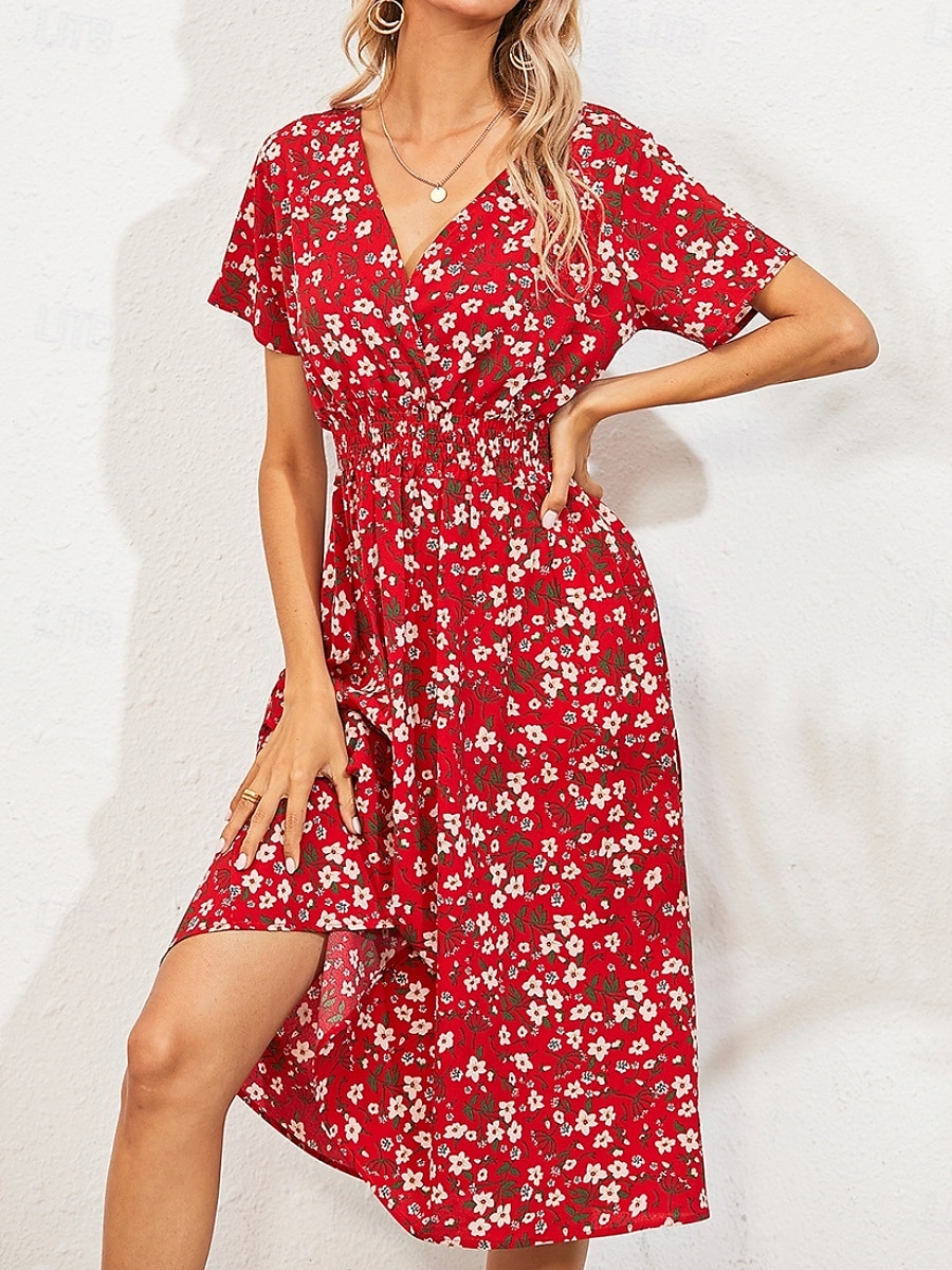 Dam Midiklänning Vardagsklänning Swingklänning A linjeklänning Stylish Ledigt Semester Dagligen Normal Blommig Kortärmad V-hals Svart Vit Gul Rodnande Rosa Sommar 2025 - $23.99 –P1