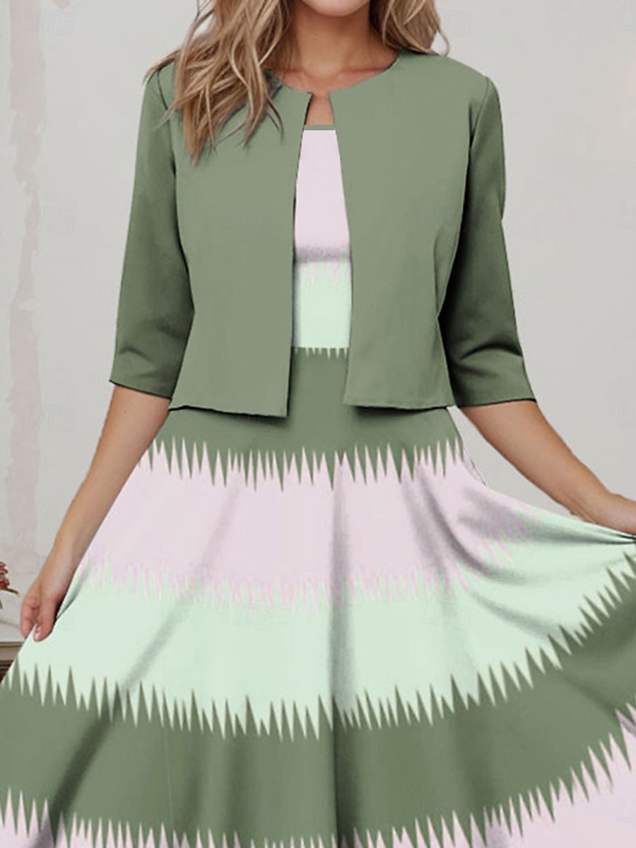 Rochie midi femei set rochie două piese rochie imprimată elegantă ombre imprimeu mânecă semi lungă gât rotund zilnic verde deschis primăvara toamna regular fit 2025 - $36.99 –P3