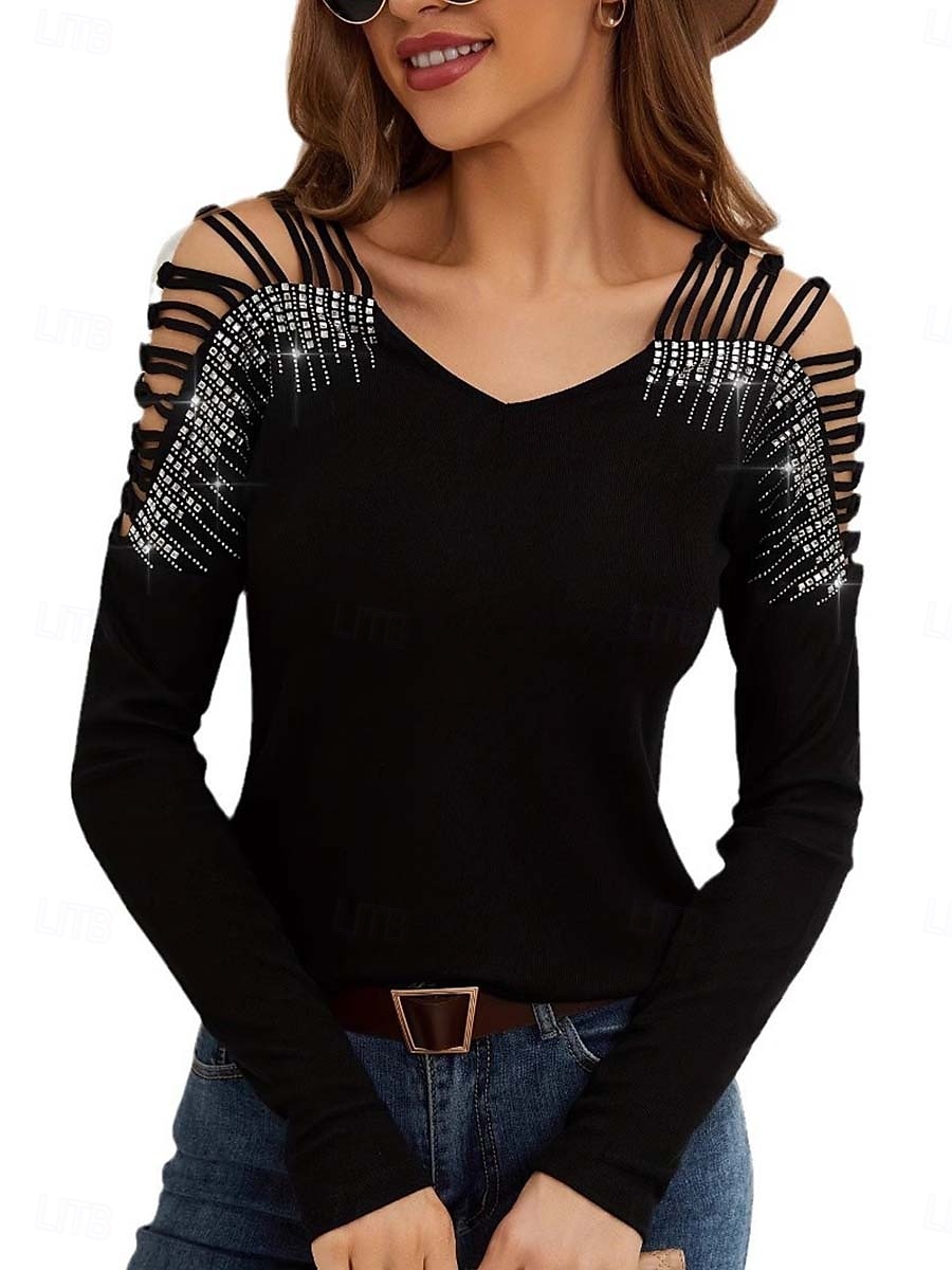 Damen Elegante Oberteile Elegant Langarm V Ausschnitt Normale Oberteile Schwarz Weiß Sommer Frühling 2025 - $29.99 –P5