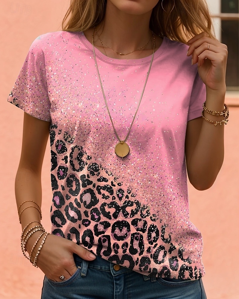 Femme T shirt Chat Lettre Décontractées Manche Courte Col Rond Hauts réguliers du quotidien Imprimer Rose Claire Vert Eté de 2025 ? $19.99 –P3