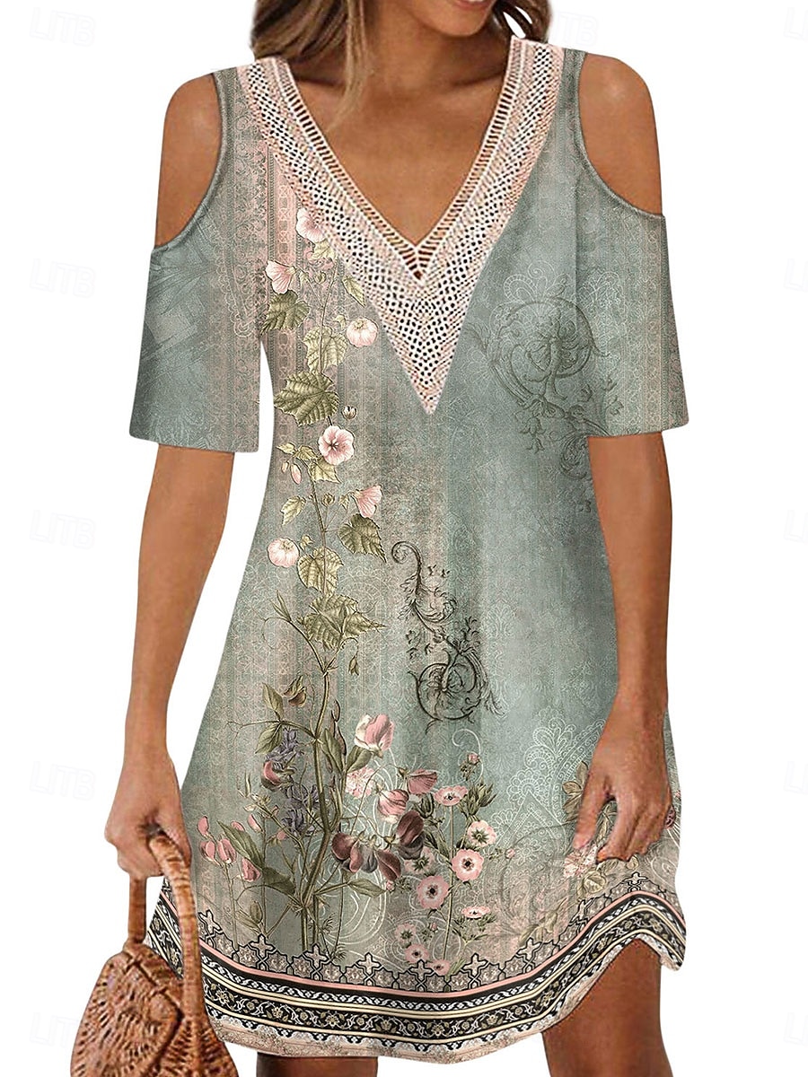 Dame Lang kjole Maxikjole Kjole med A-linje Boho-kjole Elegant Stilfull Fritid Feriereise Daglig Normal Blomstret Kortermet V-hals Rød Blå Lilla Grønn Sommer Vår 2025 - $21.99 –P2