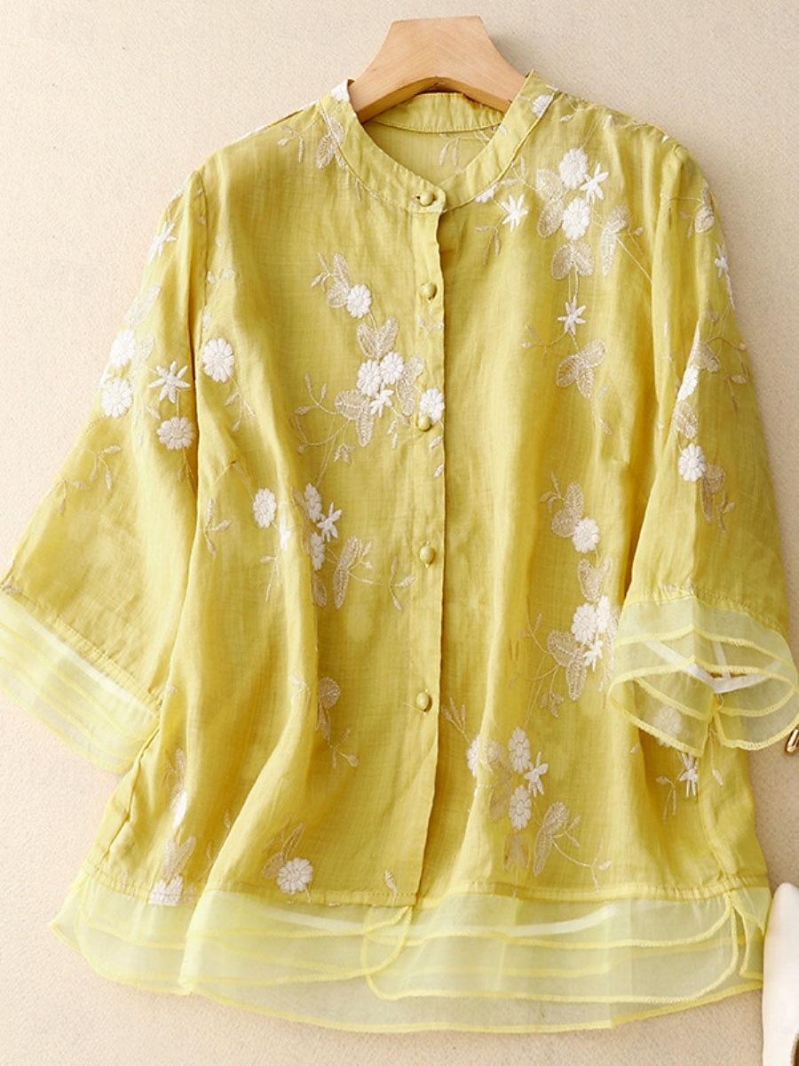 Damen Hemd Baumwoll-Leinen-Hemden Knopfleiste Bluse Blumen Basic Lässig Dreiviertelarm Hoher Ausschnitt Normale Oberteile Täglich Bestickt Knöpfe Gelb Purpur Grün Beige Sommer Frühling Herbst 2025 - $27.99 –P1