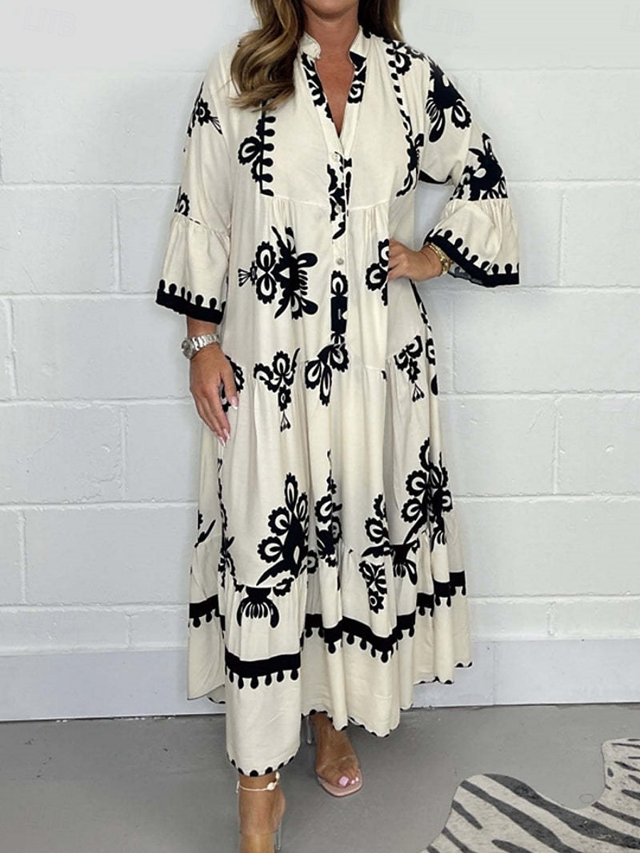 Dame Maxikjole Uformell kjole Boho elegante kjoler Boho-kjole Bohem Stilfull Fritid Feriereise Daglig Strand Løstsittende Grafisk 3/4 ermer V-hals Svart Rød Grønn Beige Sommer Vår 2025 - $34.99 –P1