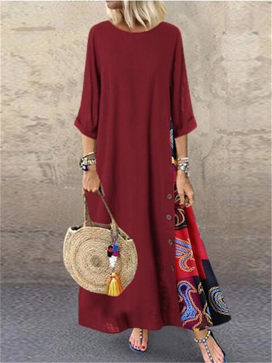 Damen Maxikleid Baumwoll-Leinen-Kleider Freizeitkleid Vintage Stilvoll Ethnisch Urlaub Täglich Lässiger Schnitt Blumen Dreiviertelarm Rundhalsausschnitt Gelb Wein Khaki Armeegrün Frühling Herbst 2025 - $26.99 –P4