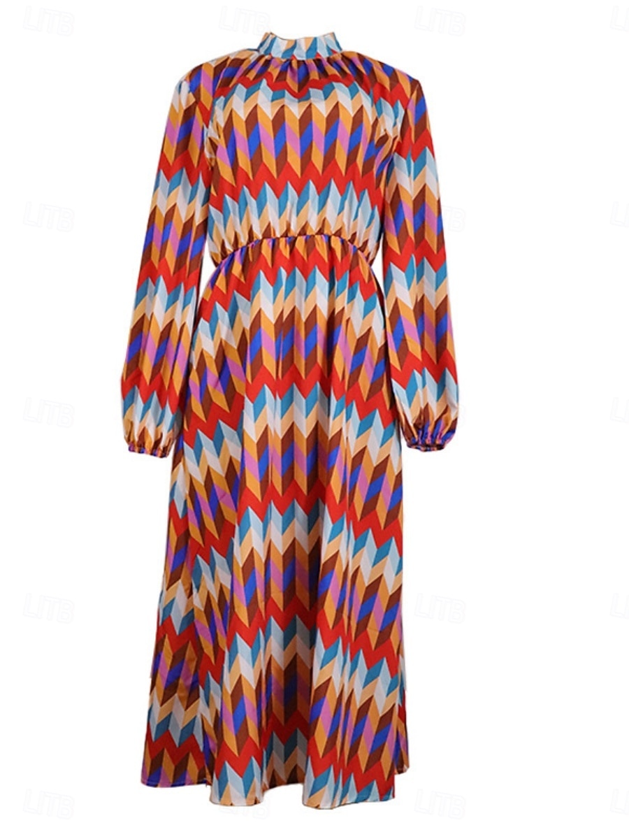 Pentru femei Rochii Midi Rochie casual Rochie A line Stilat Casual Vacanță Zilnic Fit regulat Geometric Manșon Lung Guler de stand Curcubeu Vară 2026 - $32.99 –P5