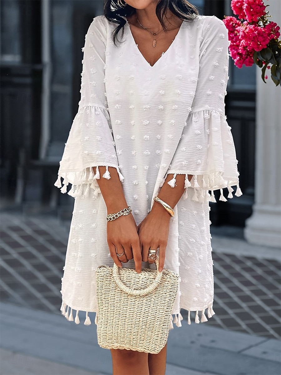 Damen Minikleid Weißes Kleid Brautkleider schlicht Ausgestellter Ärmel Urlaub Täglich Lockere Passform 3/4 Ärmel V Ausschnitt Weiß Hellgrün Sommer 2025 - $31.99 –P4