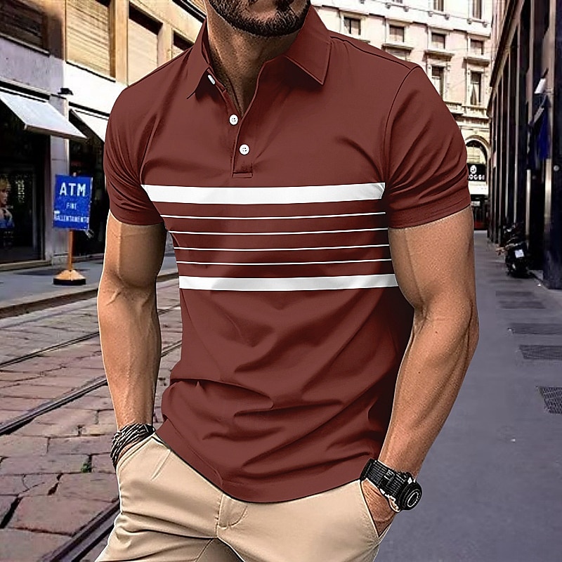 Men's Polo Business Polo Business Casual Lapel Classic Short Sleeve Color Block Stripes Buttons Summer Spring & Fall Black Red Navy Blue Brown Khaki Polo 2025 - $20.99 –P8