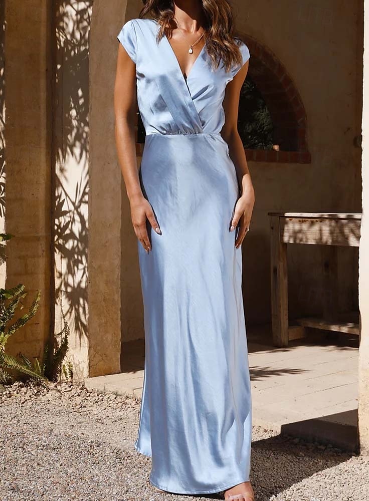 Sheath / Column Bridesmaid Dress V Neck Cap Sleeve Elegant Floor Length Satin with Ruching 2025 2025 - $171.99 –P2
