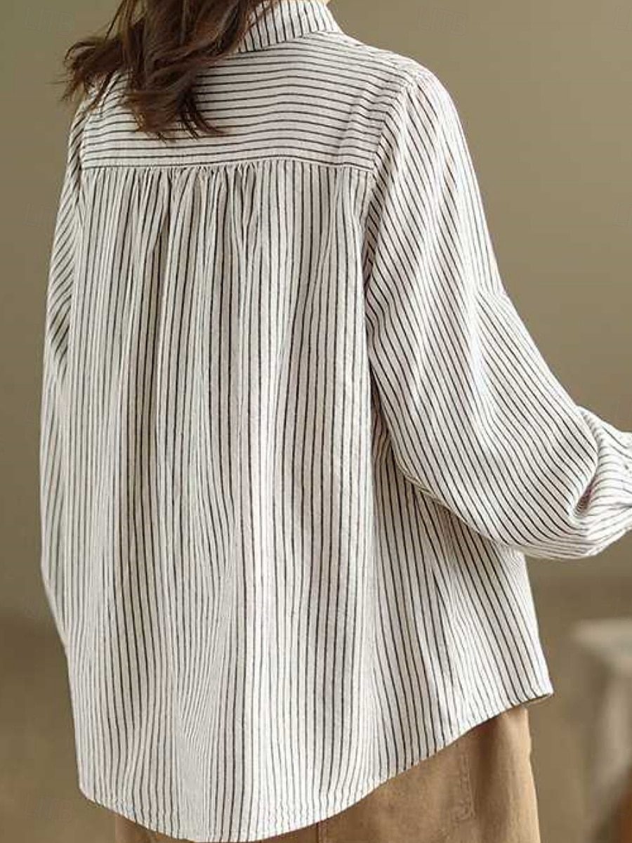 Dames Overhemd Katoenen linnen overhemden Knoop omhoog Blouse Gestreept Stijlvol Casual Lange mouw Overhemdkraag Normale tops Dagelijks Knop Afdrukken Zwart Wit Zomer Lente Herfst 2025 - $25.99 –P2