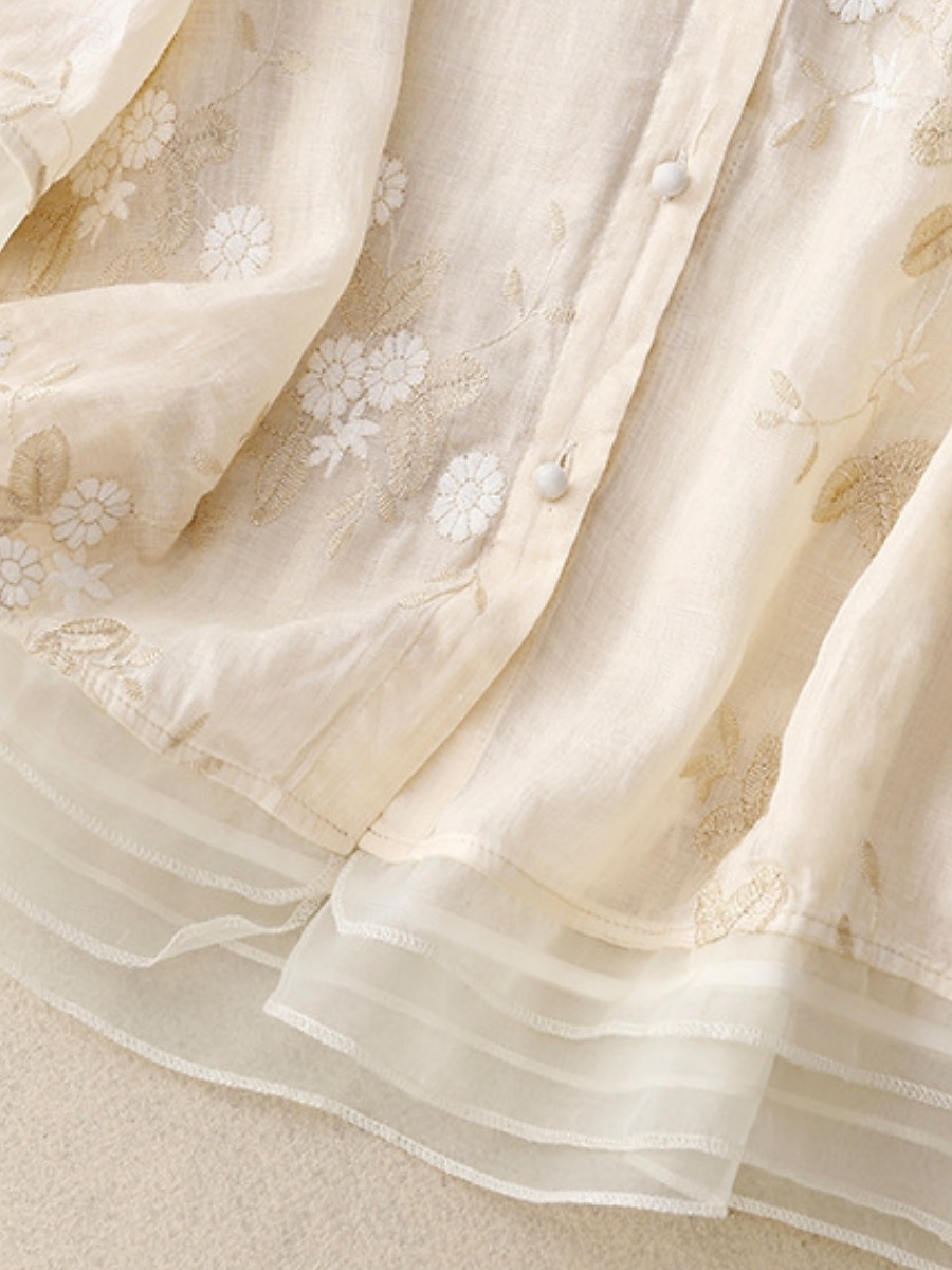 Damen Hemd Baumwoll-Leinen-Hemden Knopfleiste Bluse Blumen Basic Lässig Dreiviertelarm Hoher Ausschnitt Normale Oberteile Täglich Bestickt Knöpfe Gelb Purpur Grün Beige Sommer Frühling Herbst 2025 - $27.99 –P11