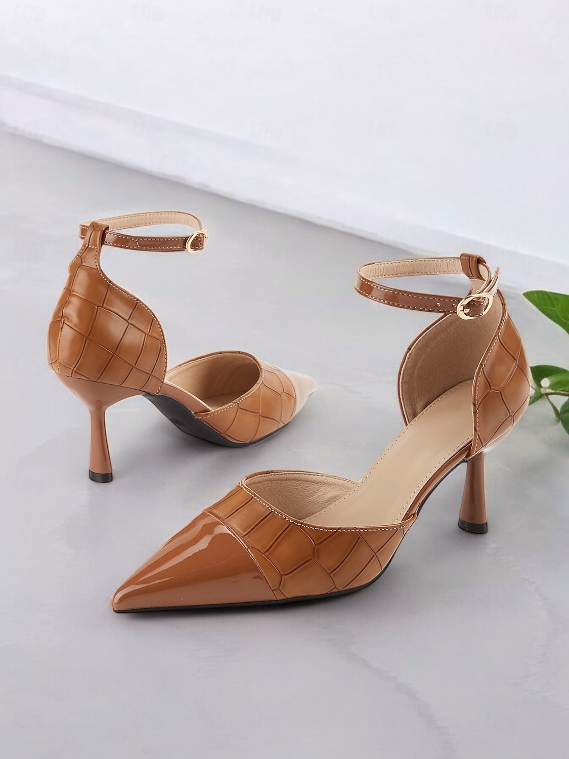 dámské hnědé sandály na vysokém podpatku s krokodýlím vzorem špičaté špičky s páskem kolem kotníku – elegantní společenské a kancelářské boty pro formální příležitosti 2025 - $34.99 –P4